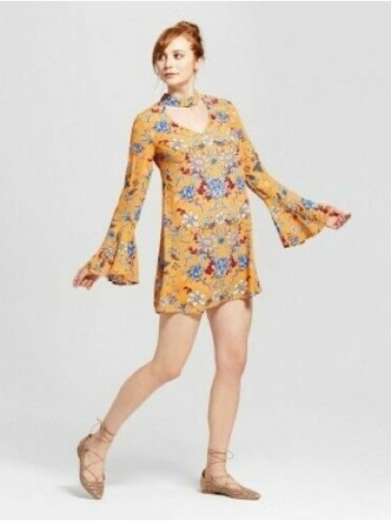 Xhilaration Dresses & Skirts - Xhilaration Yellow Floral Bell-Sleeve Mini Dress